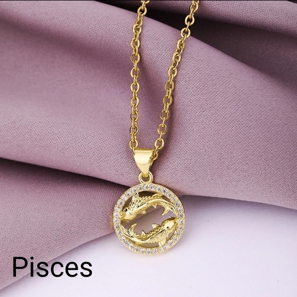 Pisces Feb/March Zodiac Necklace Inlaid Zircon Gold Plated Stainless Steel - Picture 13 of 14
